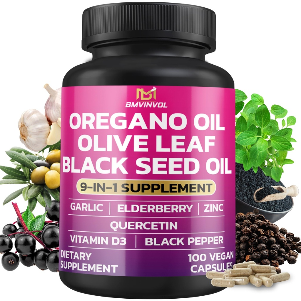 BMVINVOL Oregano, Black Seed, Garlic Bulb, Quercetin, Olive Leaf, Elderberry, Black Pepper - 100 Capsules