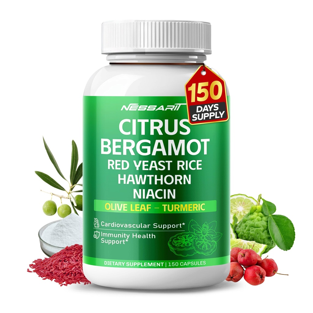 Citrus Bergamot Suplemento - 15-in-1 Natural Blend with Red Yeast Rice Hawthorn Olive Leaf Odorless Ajo Turmeric Ginger Fenugreek - 150 Cuenta - Hecho &amp; probado en los EE.UU.