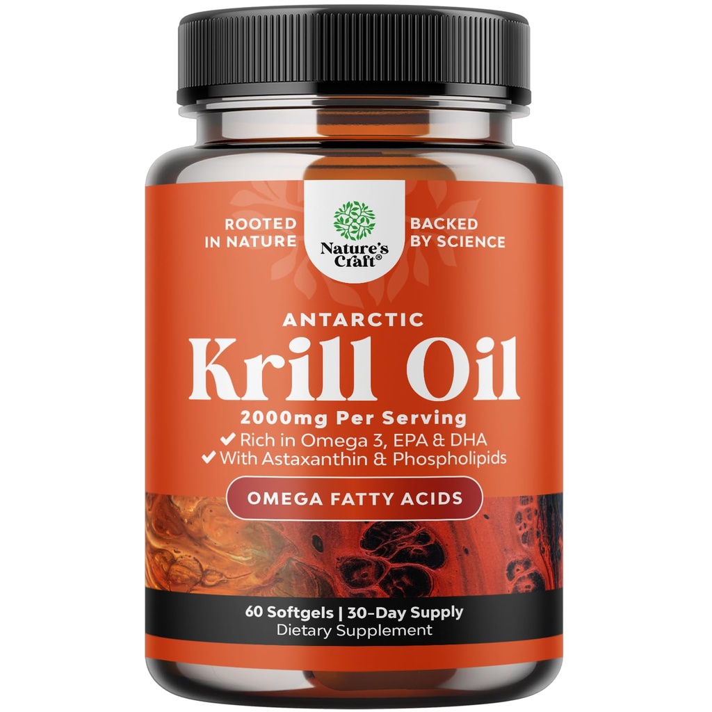 Antártico Krill Oil 2000mg Softgels Por Serving - Omega 3 Krill Oil Supplement with EPA DHA &amp; Astaxanthin (60 Count (Pack of 1)