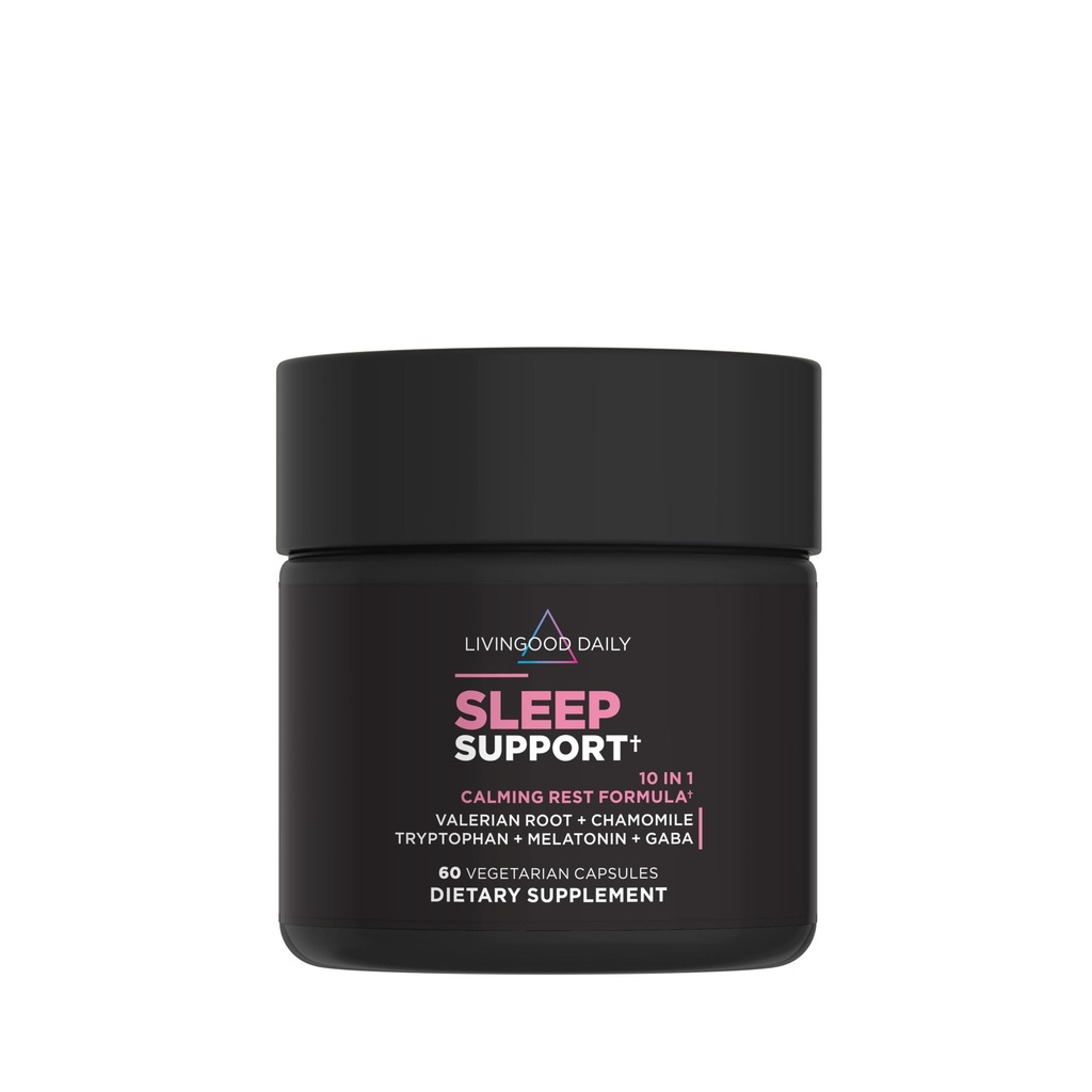 Livingood Daily Sleep Support Supplement, 10-in-1 Natural Sleep Aid with 5 MG Melatonin, Valerian Root, Chamomile, Tryptophan & GABA for Men &amp; Women, Non Habit Forming, Gluten Free, Vegan, 60 cápsulas