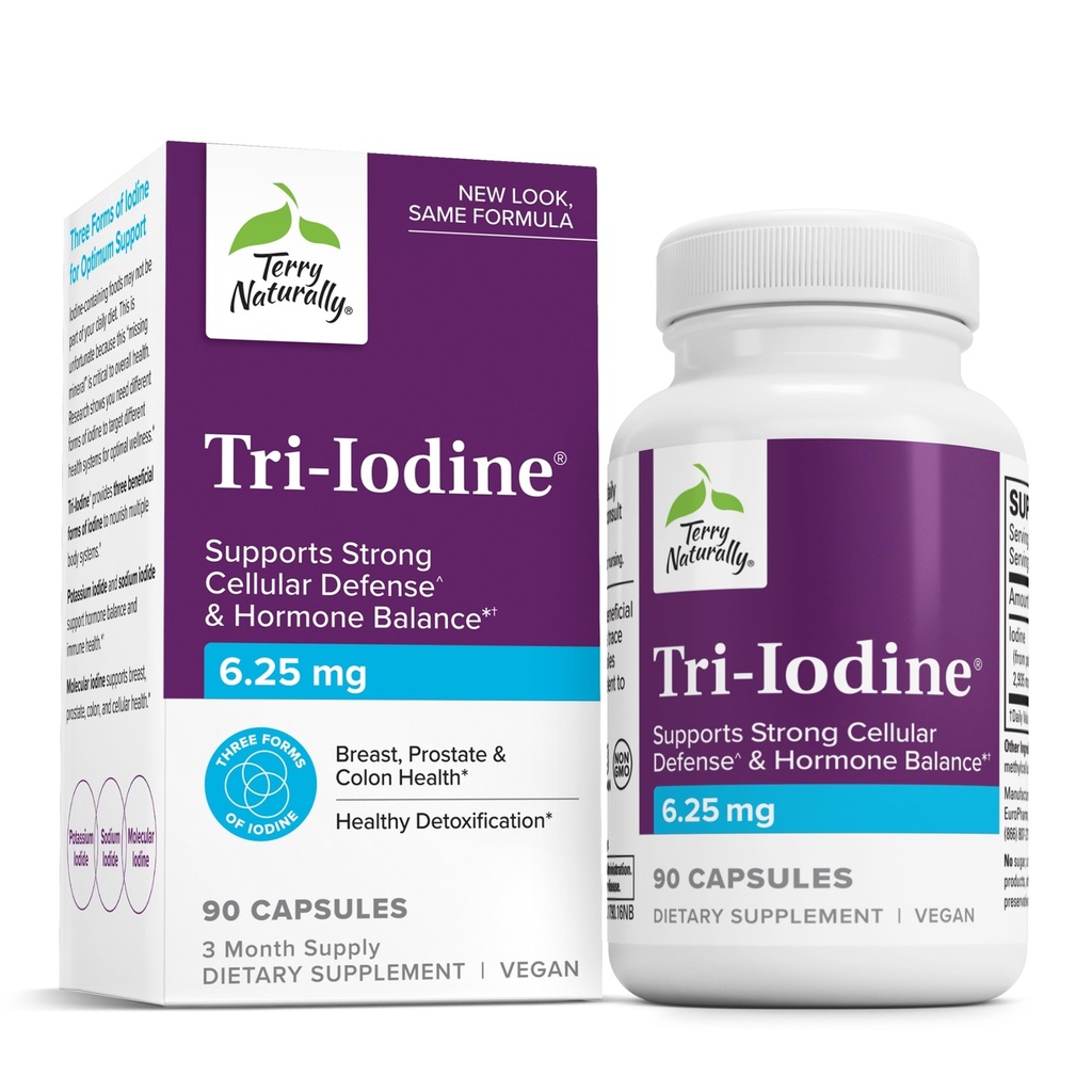 Terry Naturalmente Tri-Iodine - Asistencia para la salud tiroidea - Ayuda equilibrio hormonal con yodo molecular de Kelp - Características Iodide de potasio & Iodide de sodio - Cerebro & energía Apoyo - 6.25mg, 90 cápsulas
