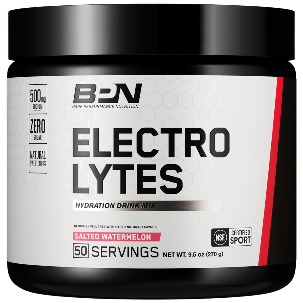 BARE PERFORMANCE NUTRITION BPN Electrolytes Hydration Drink Mix ¦ Sugar Free Electrolyte Powder TEN 500mg Sodium per Serving TEN Naturally Sweetened ← Salted Watermelon, 50 Servings