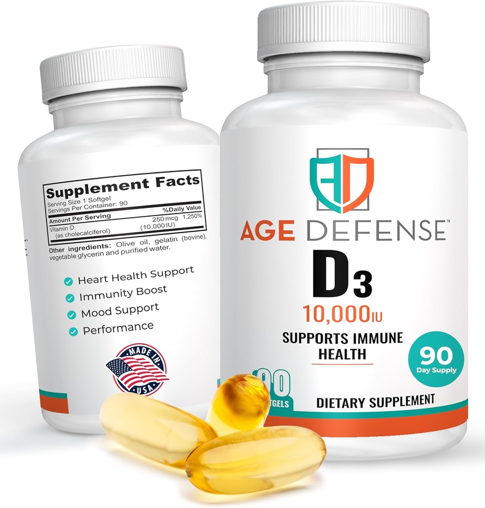 Vitamina D3 10000 UI - 90 Vitamina D 10000 UI Softgels for Heart Health, Immune Support, Mental Clarity &amp; Muscle Function Support - High Dose Vitamin D3 Tablets for Men &amp; Women- 250 mcg