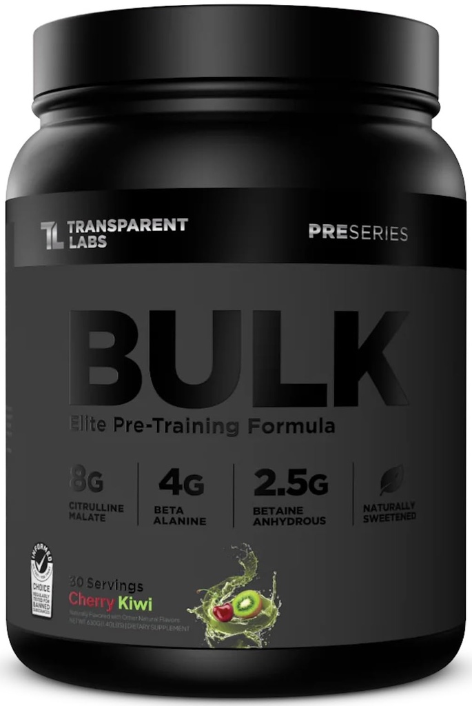 Laboratorios transparentes Bulk Black Pre Workout - Clínicamente Dosificados, Sugar Free Preworkout para Hombres y Mujeres con Beta Alanine Powder, Citrulline Malate, " Caffeine - 30 Servings, Cherry Kiwi