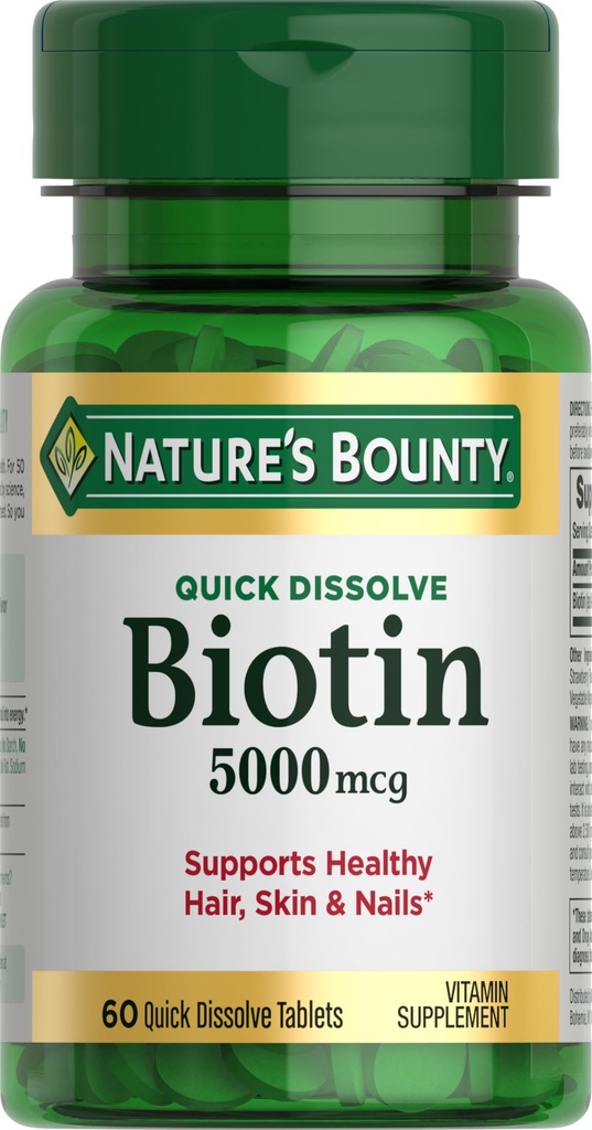 Biotina de rebote de la naturaleza, apoya el metabolismo de la energía celular y el cabello saludable, la piel y las uñas, 5000 mcg, 60 tabletas de disuelve rápido