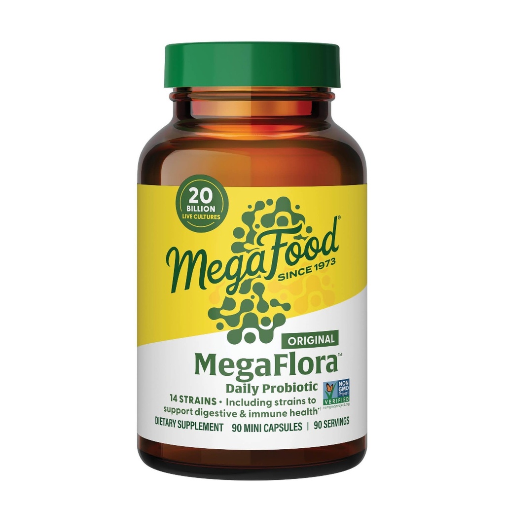 MegaFood MegaFlora Probiótico - Probióticos para Mujeres Salud Digestiva - Suplemento de Apoyo Inmuno - 20 Billones CFU - 14 Strains - No GMO - Vegetariano - 90 Mini Capsules (90 Servimientos)