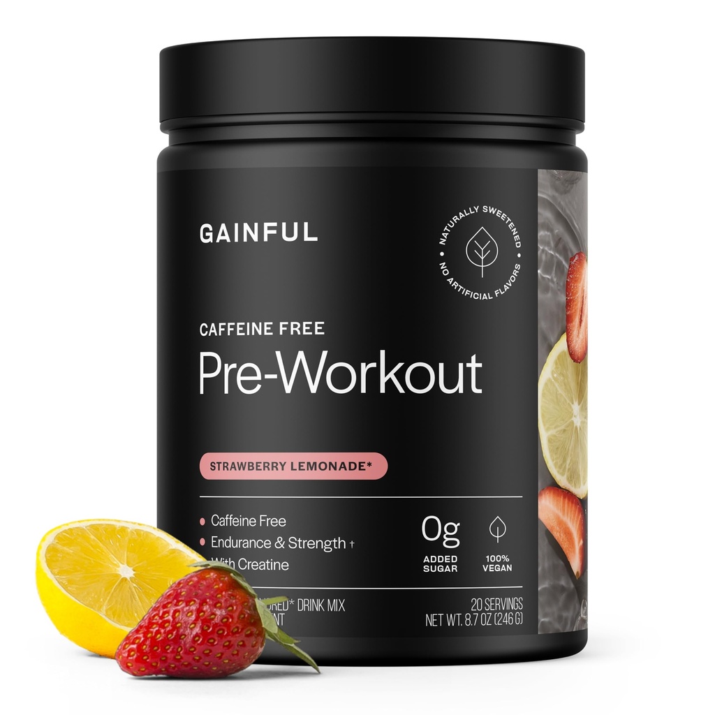 Gainful Caffeine Free Pre Workout Powder with Creatine, Strawberry Lemonade Flavor, Supports Strength, Endurance, " Recovery, BCAAs, Beta Alanine, L-Citrulline, No Artificial Ingredients, 20 Servings
