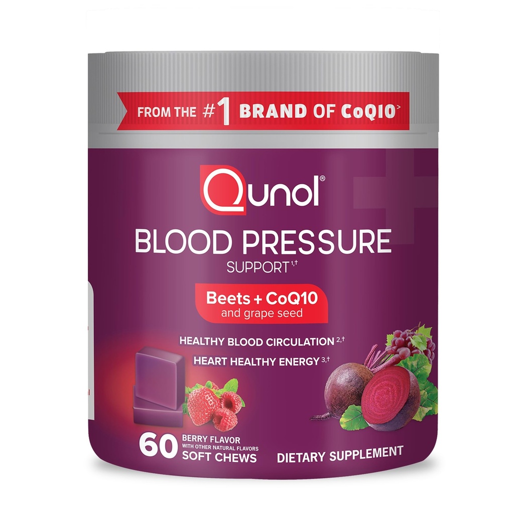 Qunol Beets Chews for Blood Pressure Support, 3 in 1 Beets + CoQ10 + Grape Seed Extract, Supports Healthy Blood Circulation &amp; Heart Healthy Energy, 60 Chews