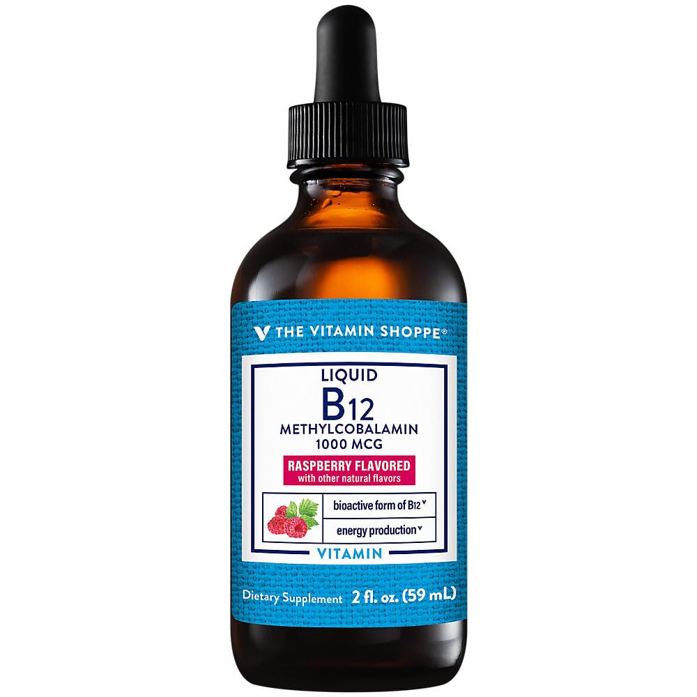 The Vitamin Shoppe Liquid B12 Methylcobalamin 1000 MCG - Energy Production | Raspberry Flavor Drops | 2 oz | Fast Absorption