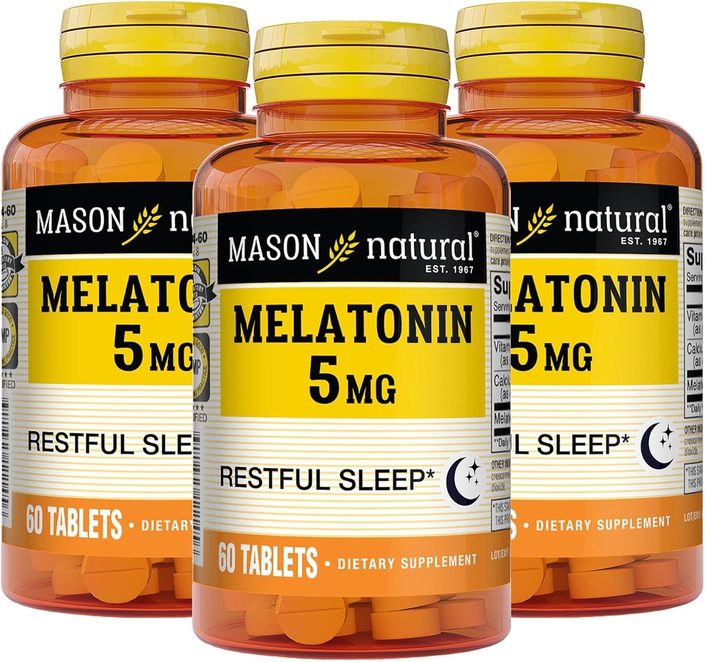 MASON NATURAL Melatonina 5 mg con B6 y Calcio - Natural Sleep Aid, Supports Healthy Sleep & Rest, 60 Tablets (Pack of 3)