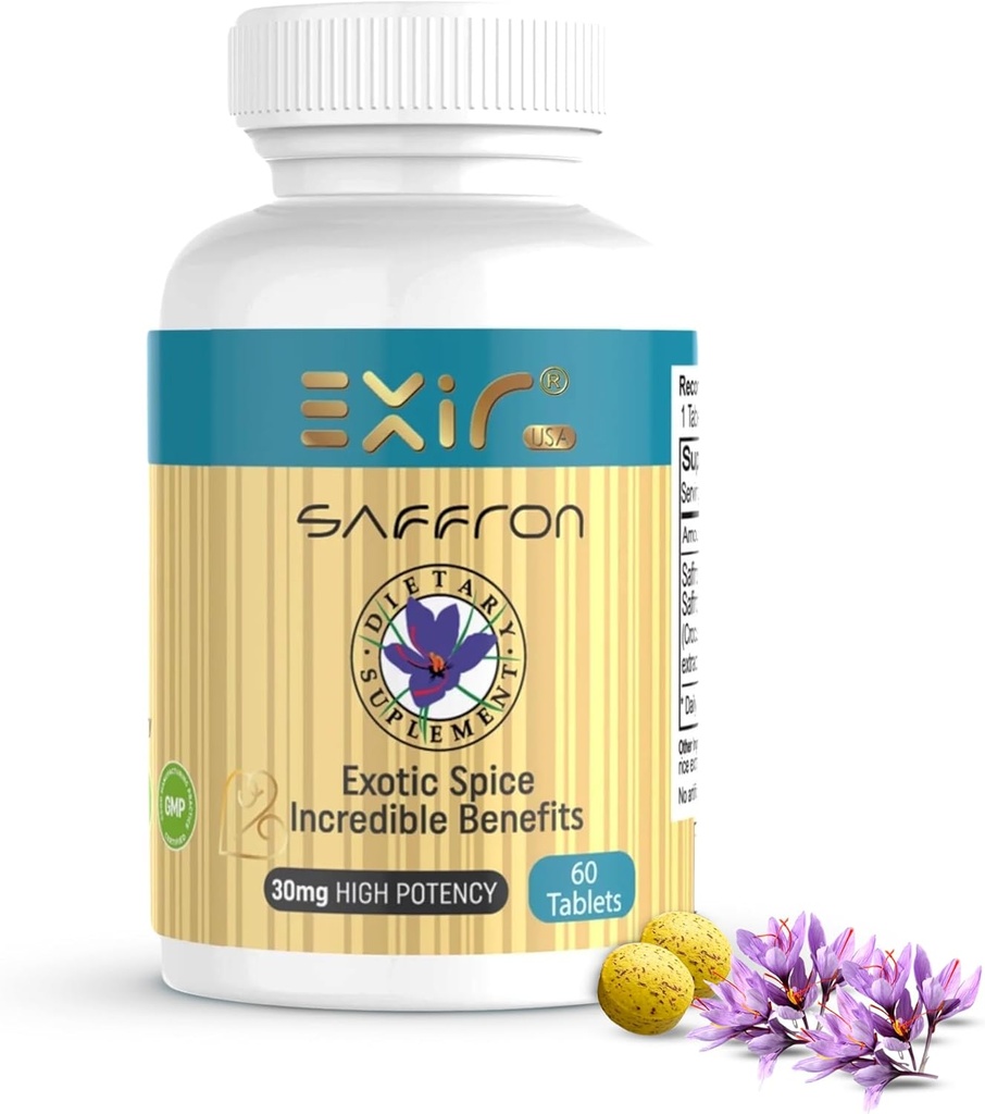 EXIR Saffron Suplemento TENIDO Apoyos Focus, Habits saludables para comer, Mood, Metabolismo, 60 Tablets