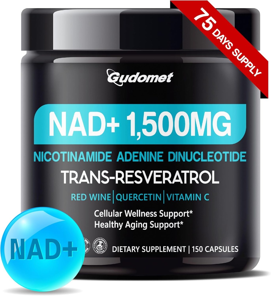 NAD+ con Trans-Resveratrol, Vino tinto, Quercetina & Vitamina C – Apoya el bienestar celular y el envejecimiento saludable-150 cápsulas- hechos en los EE.UU.