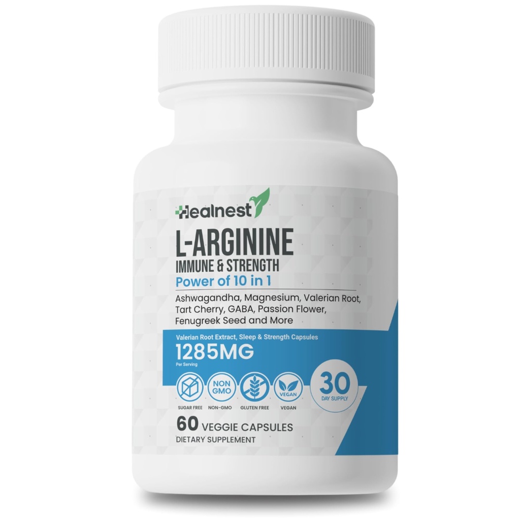 L-Arginine Capsules - 1285MG Blend of Ashwagandha, L-Theanine, Magnesium, GABA, Zinc " Tart Cherry – Muscle Recovery, Stress Relief, Mood Support – Non-GMO, 60 Veggie Capsules Para Hombres Y Mujeres