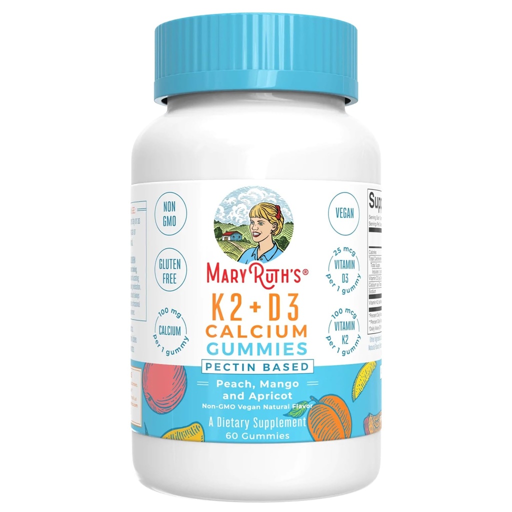 Orgánicas de MARYRUTH Calcio con Vitamina D &amp; Vitamina K2, 2 Mes de Suministro, Suplemento de Calcio apoya la salud ósea &amp; Soporte conjunto, con vitaminas D3 K2 Gummies, Vegan, No GMO, Gluten Gratis, 60 Con
