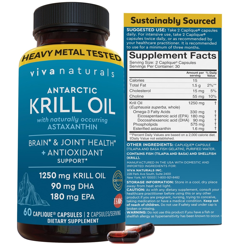 Viva Naturals Antártico Krill Oil Omega 3 Suplementos 1250 mg - DHA EPA Omega-3 " Concentración de Astaxanthin para la salud conjunta, No Fish Burp - 60 Krill Oil Capsules