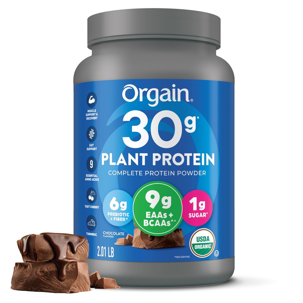 Orgain Orgain Orgain Organic 30g Vegan Protein Powder, Chocolate 9g EAAs + BCAAs, Plant Protein, 6g Prebiotic + Fiber, 1g Sugar, Pre-Workout, Muscle Support + Recovery - 2.01lb (Packaging May Vary)