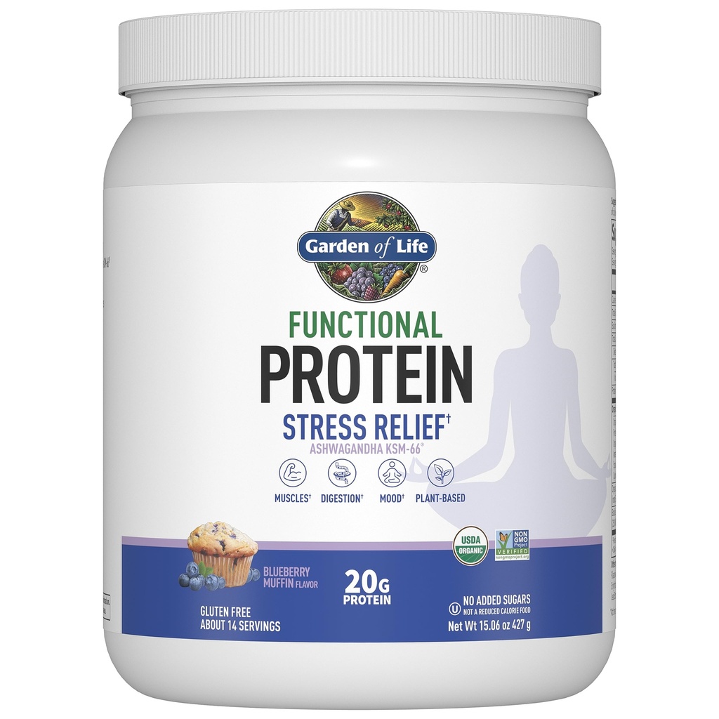 Garden of Life - Funal Protein Stress Relief - 20g Organic Sprouted & Fermented Protein Blend - Blueberry Muffin, Mood Blend for Stress Management, Ashwagandha KSM-66, Vegan - Alrededor de 14 Servings
