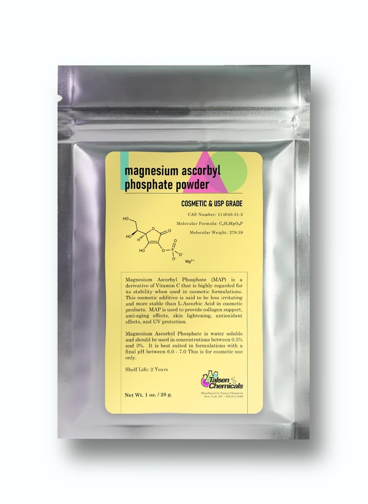 Pólvora de fosfato de magnesio, fosfato de magnesio de ascorbyl vitamina C, fosfato de magnesio de ascorbilo pólvora MAP para productos de Skincare de bricolaje de bricolaje de Talsen Químicos (1 onza / 28 gramos)