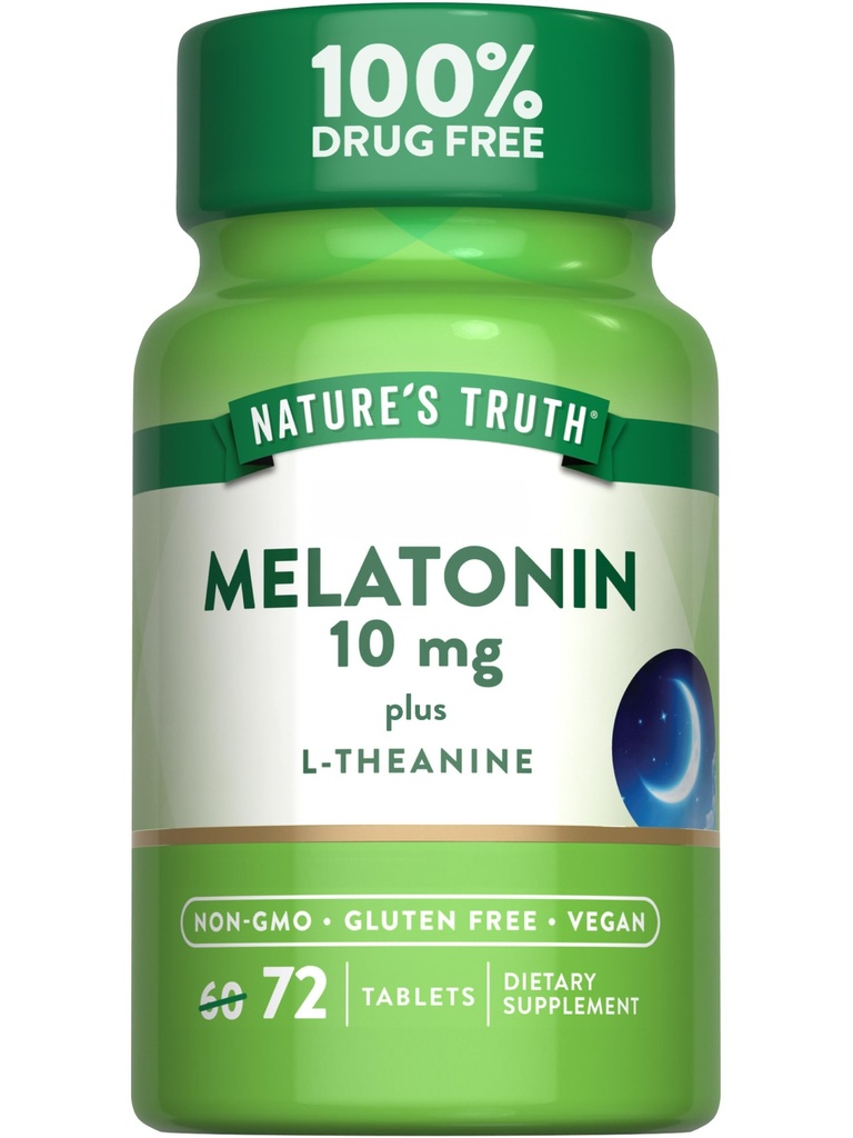 La verdad de la naturaleza Melatonina 10 mg + L-Theanine TEN 72 Tablets TEN Maximum Strength ANTE Vegan, Non-GMO y Gluten Free Supplement