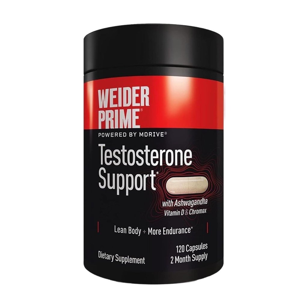 Weider Prime Testosterone Support - Nutrición para Hombres - Enriquecido con Vitaminas & Minerales - con Ashwagandha, Chromax Chromium, Bioperine & Zinc - Gluten Free - 120 cápsulas