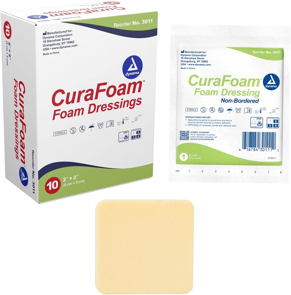 Dynarex 3011 CuraFoam Vestir de espuma, no blindado, estéril, proporciona cuidado de heridas cuchillas y húmedas, 2" x 2", Pack de 10