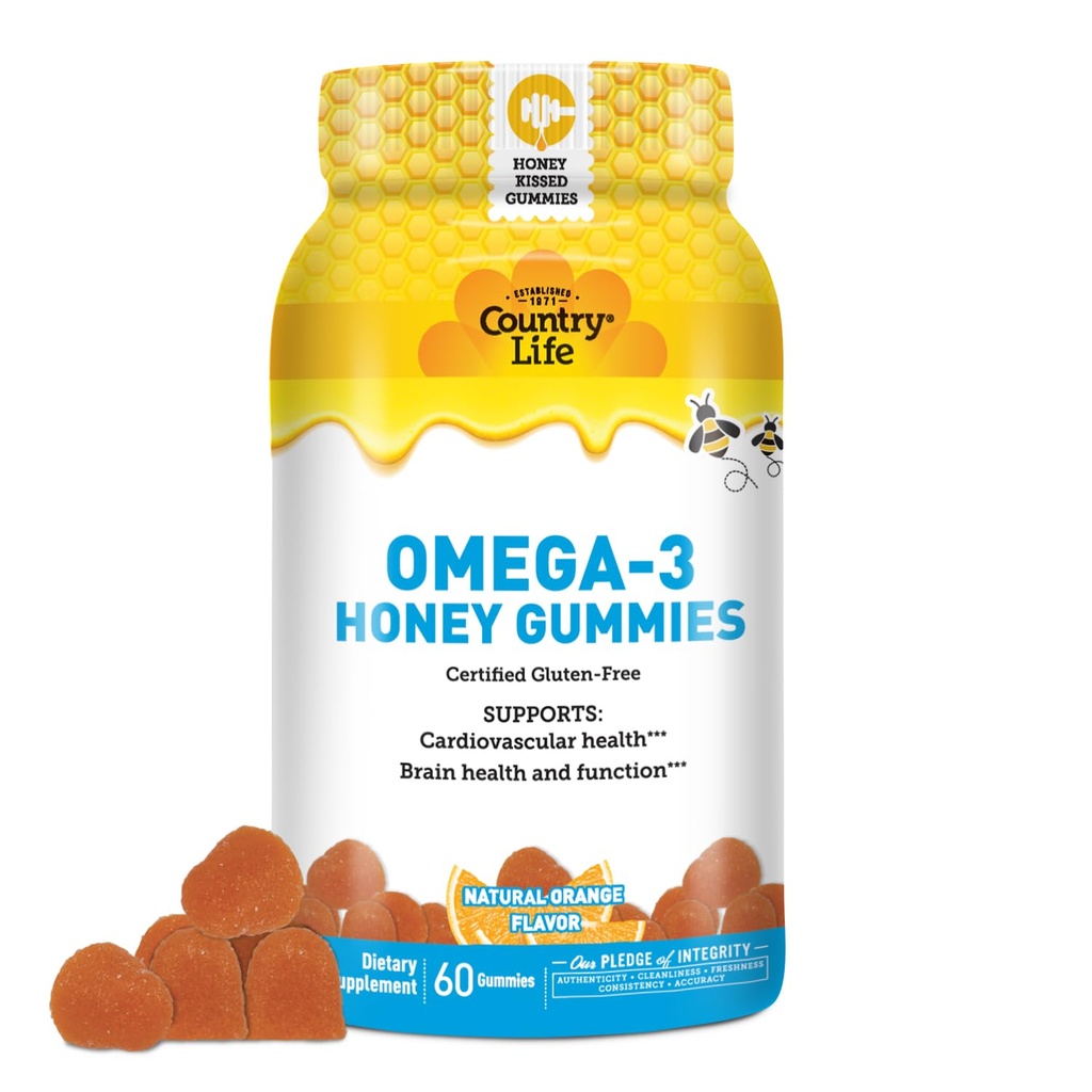 Country Life Omega-3 Honey Gummies – Cardiovascular & Brain Health Support – Non-GMO, Certified Gluten Free – Naturally Sweetened – 60 Gummies