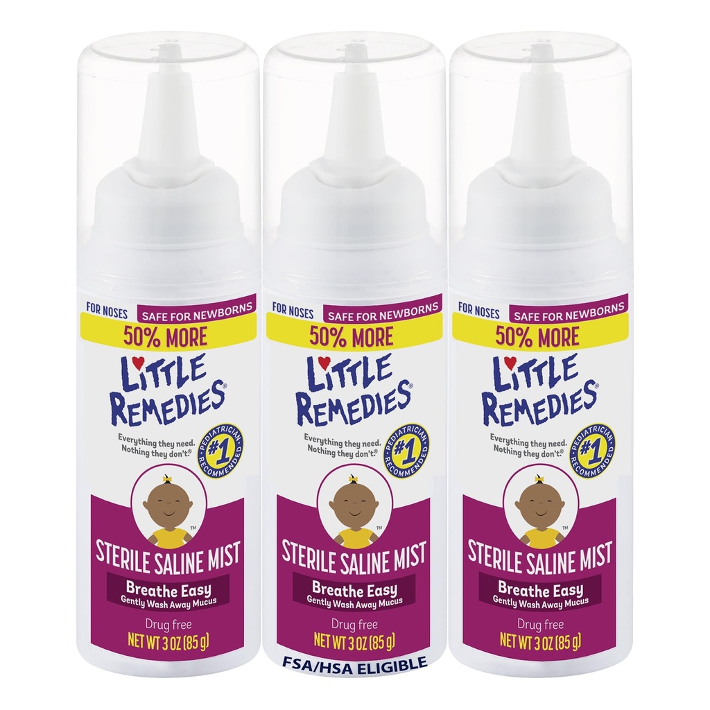 Remedios pequeños Sterile Baby Saline Nasal Mist, Seguro para los recién nacidos para aliviar las náuseas suaves y secas, 3 Fl Oz, Pack de 3