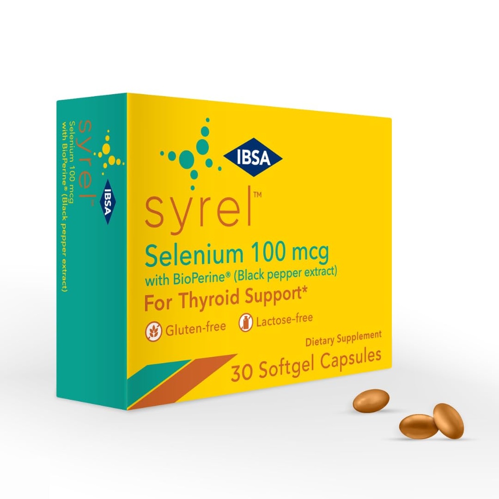 Syrel - Suplemento de soporte de tiroides – 100mcg Selenium y 5mg BioPerine - 30 cápsulas de gel blando para aumentar la biodisponibilidad y absorción - libre de gluten, libre de lactosa, libre de azúcar, no GMO