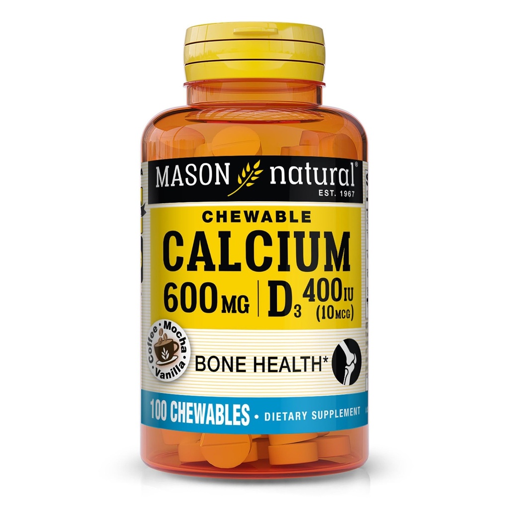 MASON NATURAL Calcio 600 mg con vitamina D3, 100 Day Supply, soporta huesos saludables &amp; función muscular normal, Café Mocha Flavor, 100 Chewables