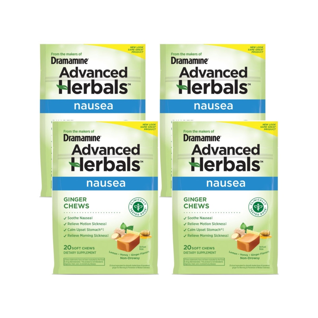 Dramamine Ginger Chews, Ayuda con Nausea, Lemon Honey Ginger Flavor, 20 Soft Chews (Pack of 4)