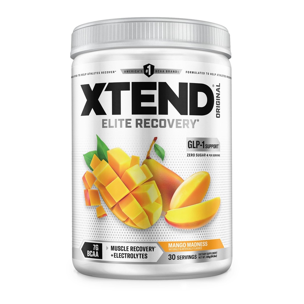 Xtend Original BCAA Powder, 7g BCAAs y 2.5g L-Glutamina para la recuperación del músculo Hidratación y el músculo magro, Sugar Free Intra and Post Workout Drink with Electrolytes, Mango Madness, 30 Servings