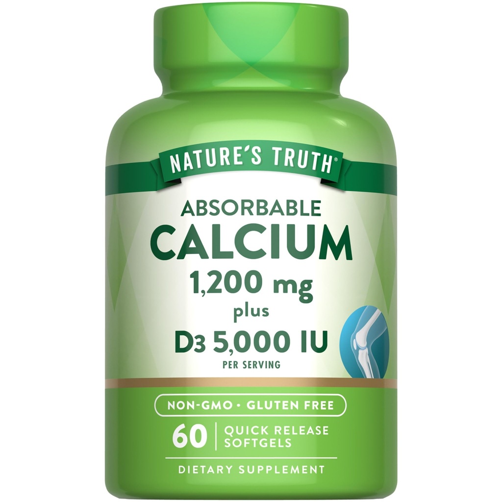 Verdad de la naturaleza Calcio 1200mg con vitamina D3 5000 UI  durable 60 Softgels Silencio de Calcio Carbonato Silencio No GMO &amp; Gluten Suplemento Gratis