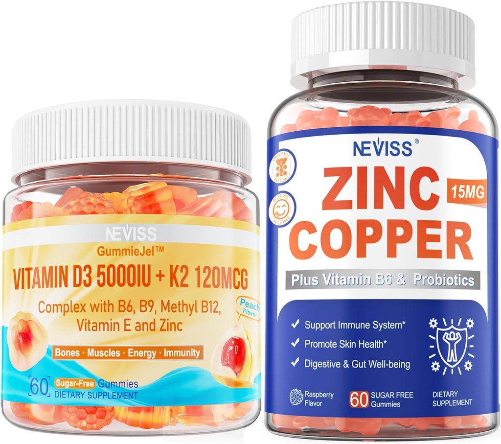 NEVISS Vitamina D3 5000IU + K2 (MK-7) 120mcg+ Zinc Copper Gummies