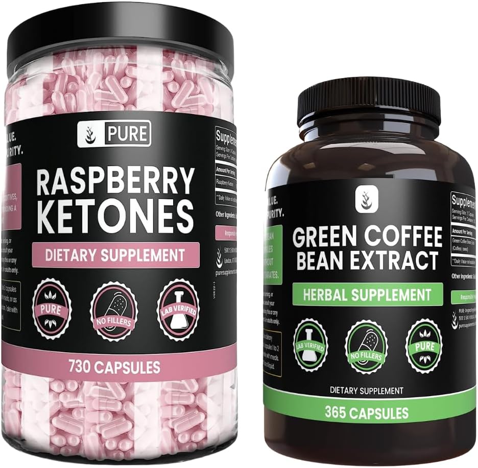 PURE ORIGINAL INGREDIENTES Cetona de frambuesa y grano de café verde extract Bundle, varios tamaños, sin artillería, Lab Verified
