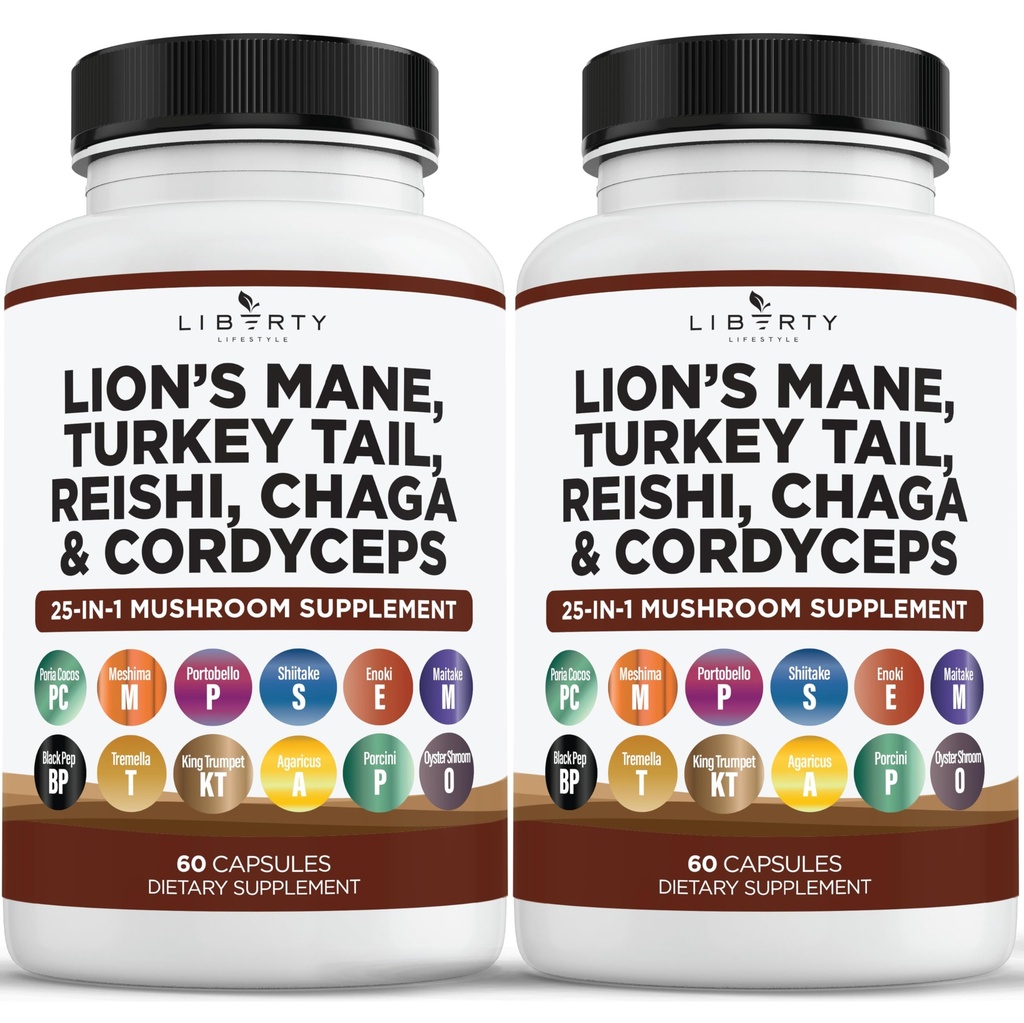 León Mane Mushroom Suplemento con Turquía Tail Reishi Cordyceps Chaga con Marshmallow Root - 2-Pack