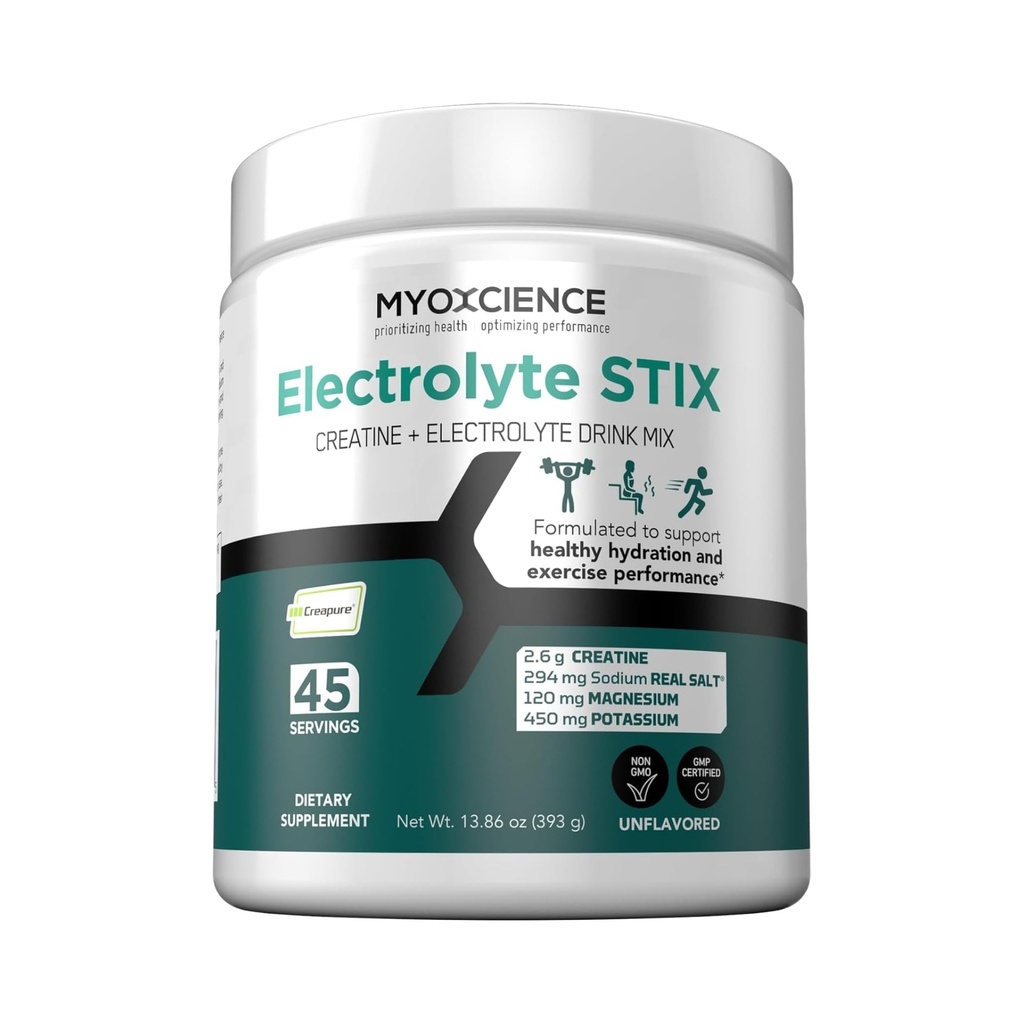MYOXCIENCE Electrolyte STIX ← Creatine Electrolyte Powder  durable Recuperación del ejercicio &amp; Muscle Development w/Real Salt (Unflavored) (Jar 45 ct)
