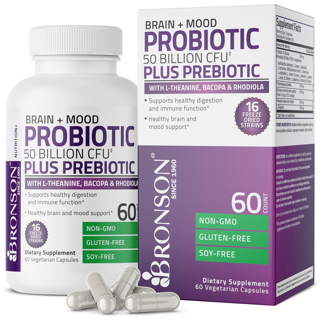 Bronson Brain + Mood Probiotic 50 Billion CFU Plus Prebiótico con L-Theanine, Bacopa y Rhodiola Non-GMO, 60 cápsulas vegetarianas