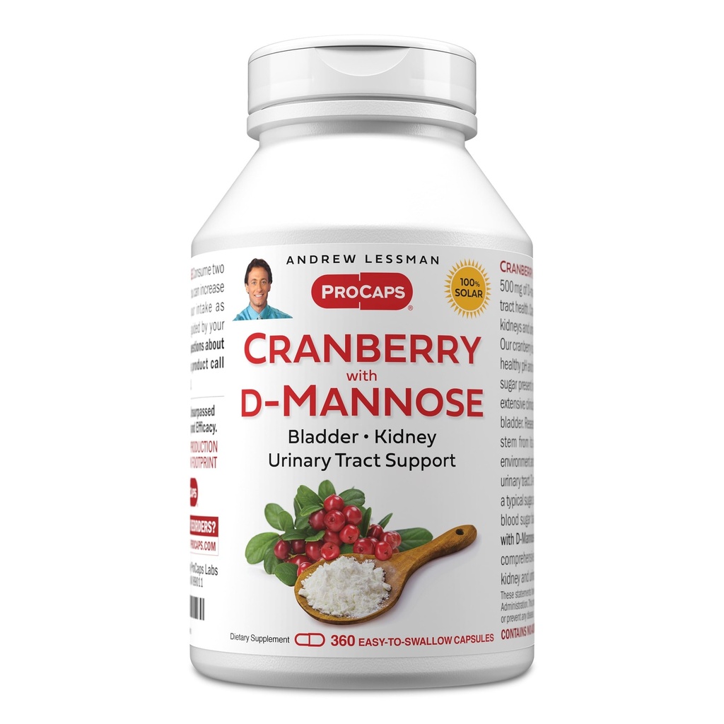 ANDREW LESSMAN Cranberry with D-Mannose - 360 Capsules - Supports Bladder, Kidney and Urinary Tract Health. Concentrado de arándanos estandarizado de alta potencia y D-Mannose. Cápsulas fáciles de absorber