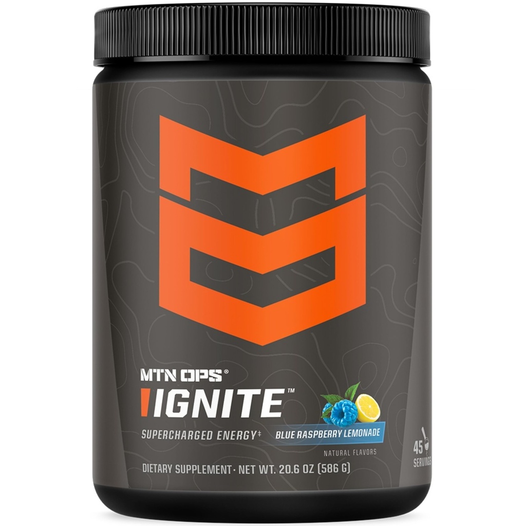 MTN OPS Ignite Energy Drink Powder, Gluten Free Nootropic Supplement Drink Mix, L Arginine, L Citrulline, Caffeine &amp; Nootropic Sugar Free Drink Mix, 45 Servings, Blue Raspberry Lemonade