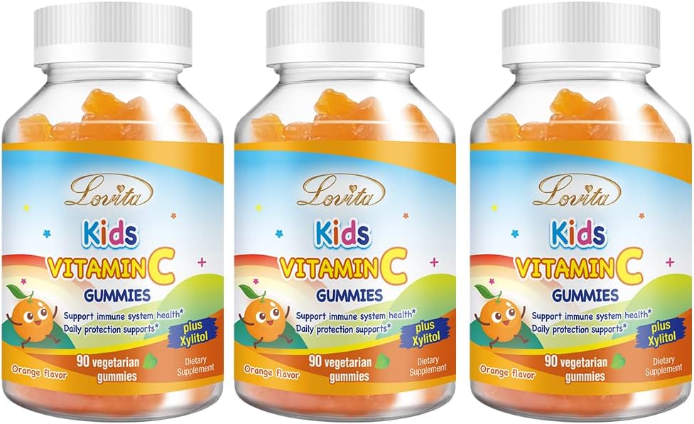 Lovita Vegan Vitamina C Gummies for Kids, Great Tasting Plant-Based Formula, Immune Function Support with Vitamin C 150mg per Daily Servings & Xylitol, Natural Orange Flavored, 90 Gummies (Pack of 3)