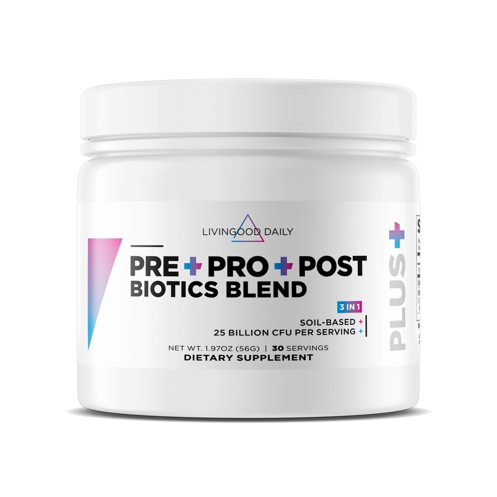 Livingood Daily Pre Pro Post Biotics Blend Powder, Digestive Health Supplement with Prebiotics from Organic Blue Agave Inulin, SBO Probiotics, Probiotics for Women &amp; Men, Non GMO, Vegan, 30 Servings