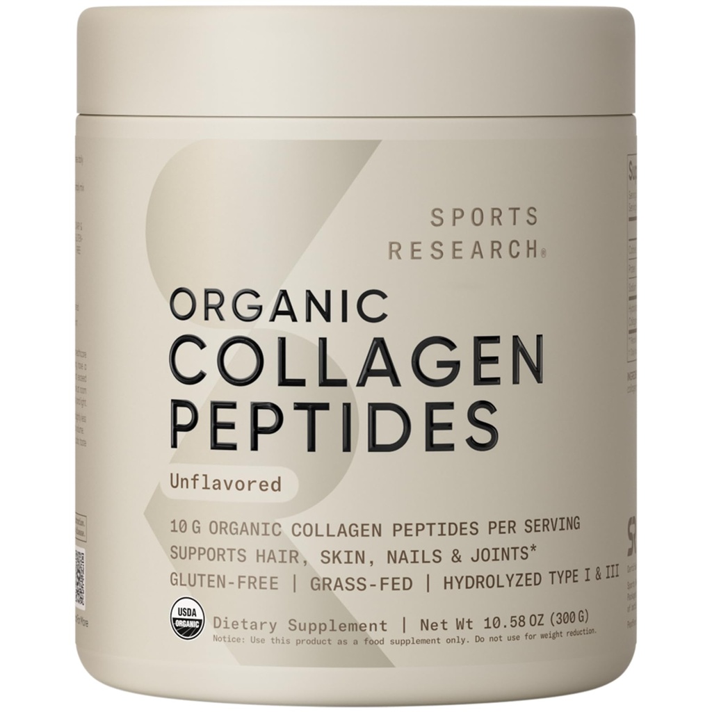 Sports Research® Organic Collagen Peptides - Hydrolyzed Type I & III Collagen Protein Powder Made Sustentably from Grass-Fed Cows - USDA Organic· Non-GMO · Gluten Free - Unflavored, 30 Servings