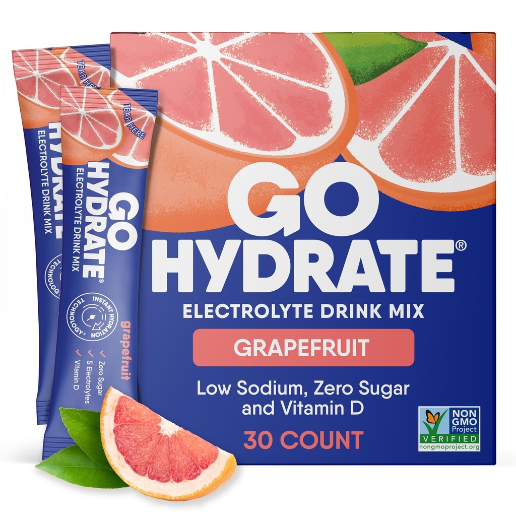 GoHydrate Low Sodium Electrolytes Powder Packets Sugar Gratis - Instant Hydration Daily Drink Mix - Zero Sugar Water Flavor Packet Singles with Vitamin D - (Grapefruit, 30 Packs)