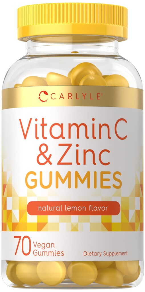 Carlyle Vitamina C y Zinc Gummies Silencio 70 Conde ← Lemon Flavor ← Vegan, No GMO y Gluten Suplemento Gratis