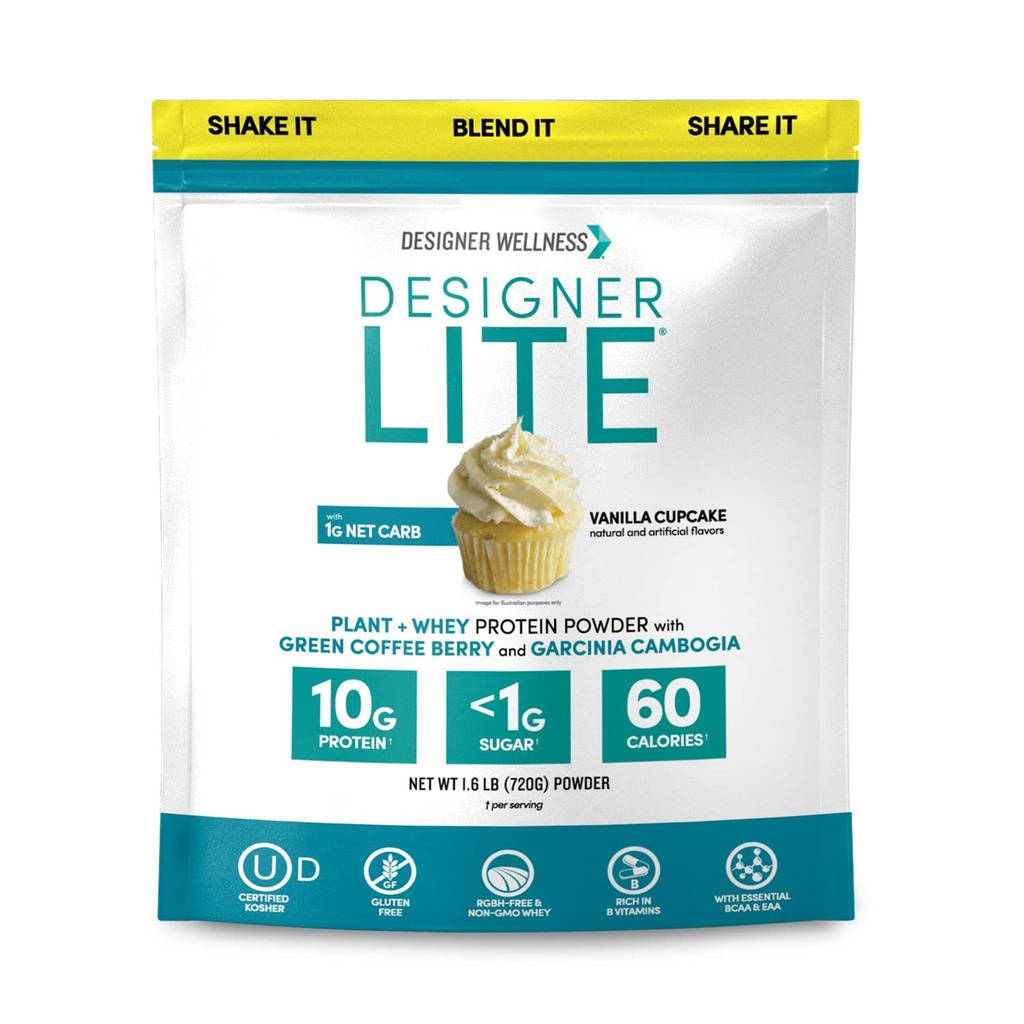 Designer Wellness, Designer Lite, Low Calorie Natural Protein, Prebiotic Fiber, Key Vitamins & Minerals, Vanilla Cupcake, 25.6 onzas