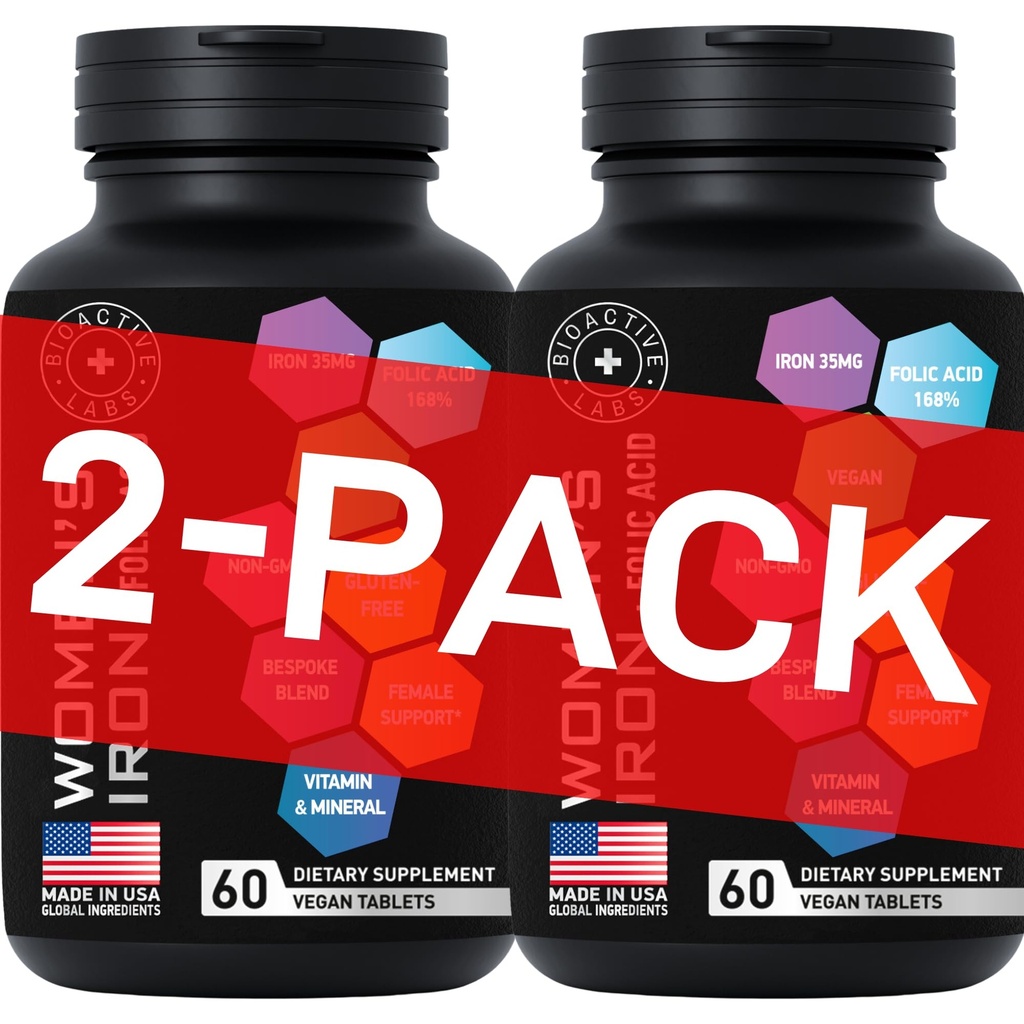 Vegan Iron Supplements for Women with Folic Acid - 35mg Gentle Iron, 400mcg Folic Acid - Ferrous Sulfate Blood Builder for Anemia, Pregnancy & Red Blood Cell Support - 2-PACK, 120 Gluten-Free Tablets