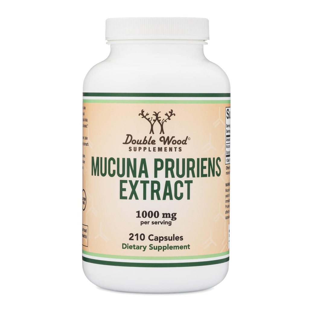 Mucuna Pruriens Extract Capsules - Dopamine Boosting Suplemento - 210 Conde, 1000mg Por Serving, 20% (de Velvet Bean) (para Mood y Motivation Support) Tercera Parte Probada por Madera Doble