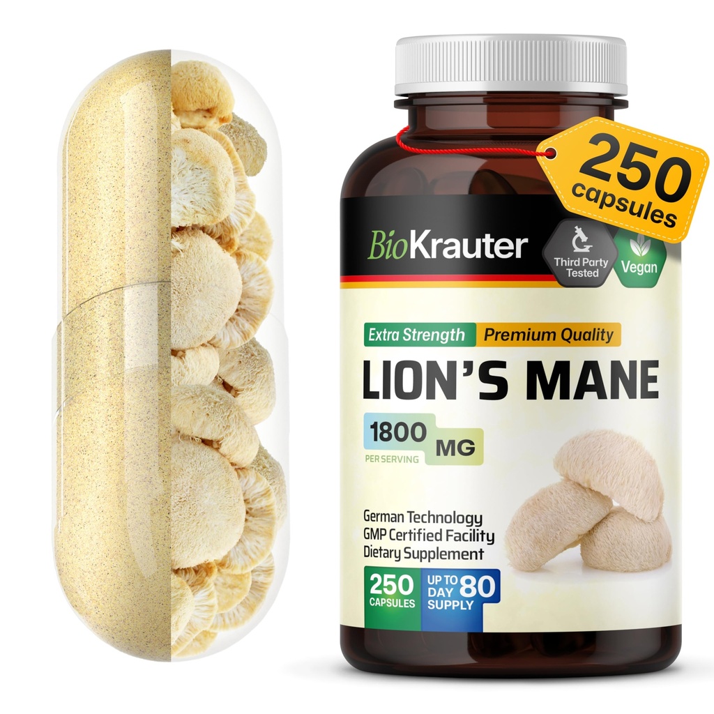 BIO KRAUTER Lions Mane Supplement Capsules 1800 mg - 250 Conde - Vegan Lions Mane Powder Suplemento de apoyo cerebral - 3 Mes de suministro - No Fillers