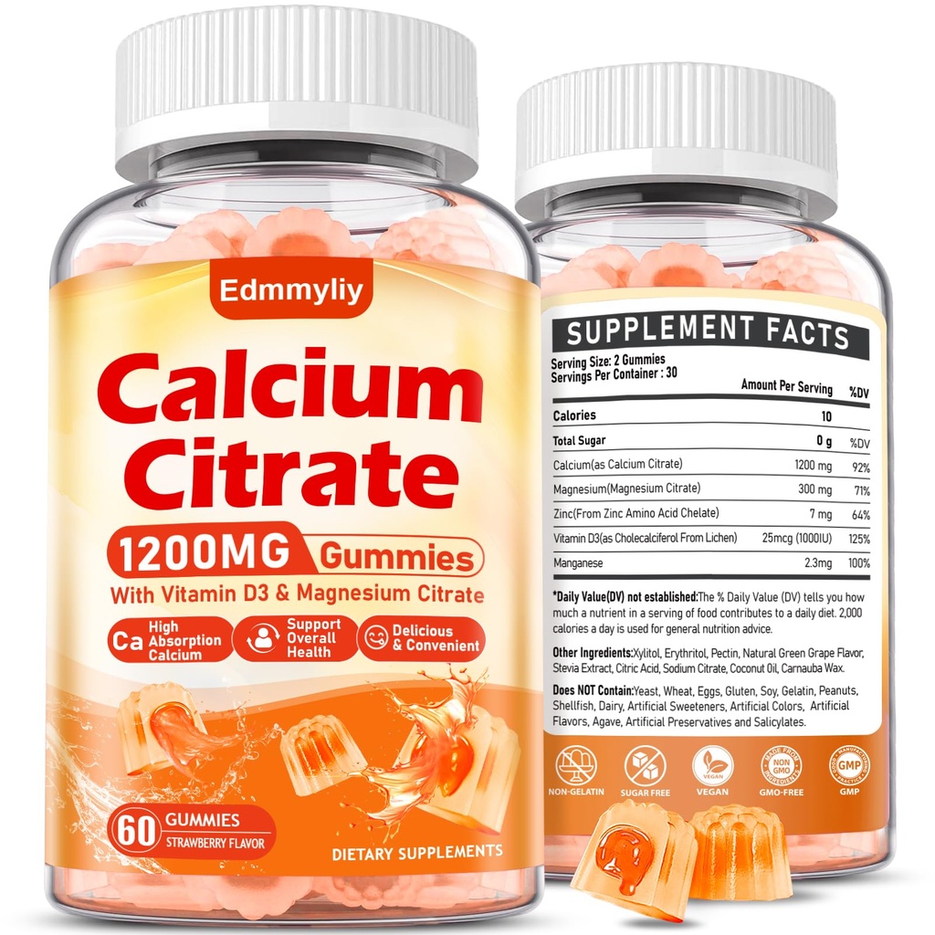 Calcio Citrato Suplemento Gummies para Adulto - Azúcar Citrato de Calcio Gratuito 1200 Mg con Magnesio 300 Mg &amp; Vitamina D3 - Suplementos de calcio orgánicos Chewable para Mujeres y Hombres