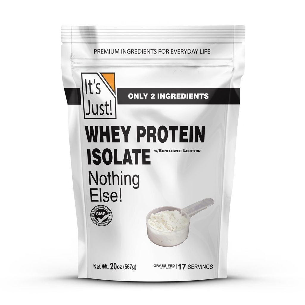 ¡Es justo! - Whey Protein Isolate, Ultra Premium Grass-Fed, Desflavored, Made in USA, Puro 90% Protein, Sólo 1g Carb, No Añadido Sugar (1,25 libras)